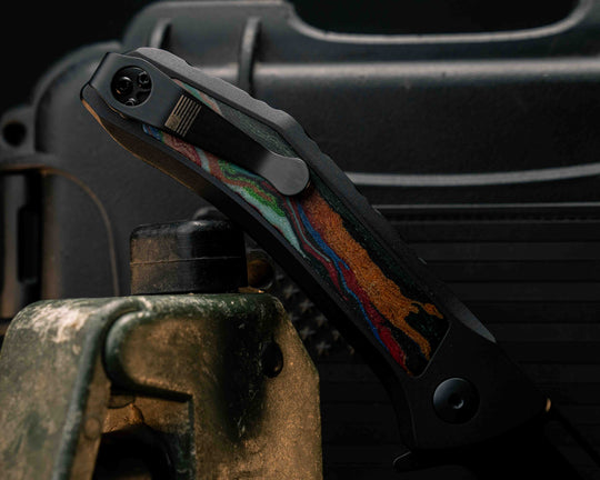 Custom Kwaiken Folder- Biggie Coogi Sweater Micarta, Anodized Black Handle, Black Nitride Blade, Smooth Grip, Deep Carry Pocket Clip