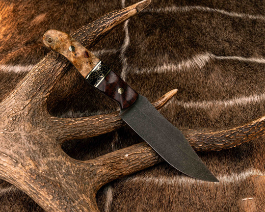 Crow Scout- Snakewood, Black G10 and Brass Pin Striping, Black with Gold Web Tru-stone Split, Amboyna Burl, Mosaic Pins, Brass Lanyard Pin, Textured Grip
