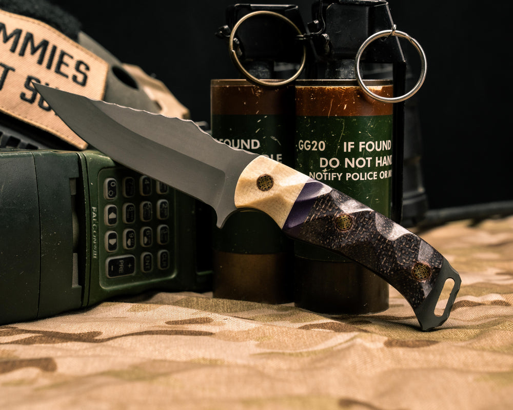 Tosahwi- Raw Jute Micarta, Purple G10 Split, Bison Jute Micarta, Mosaic Pins, Chaos Grip
