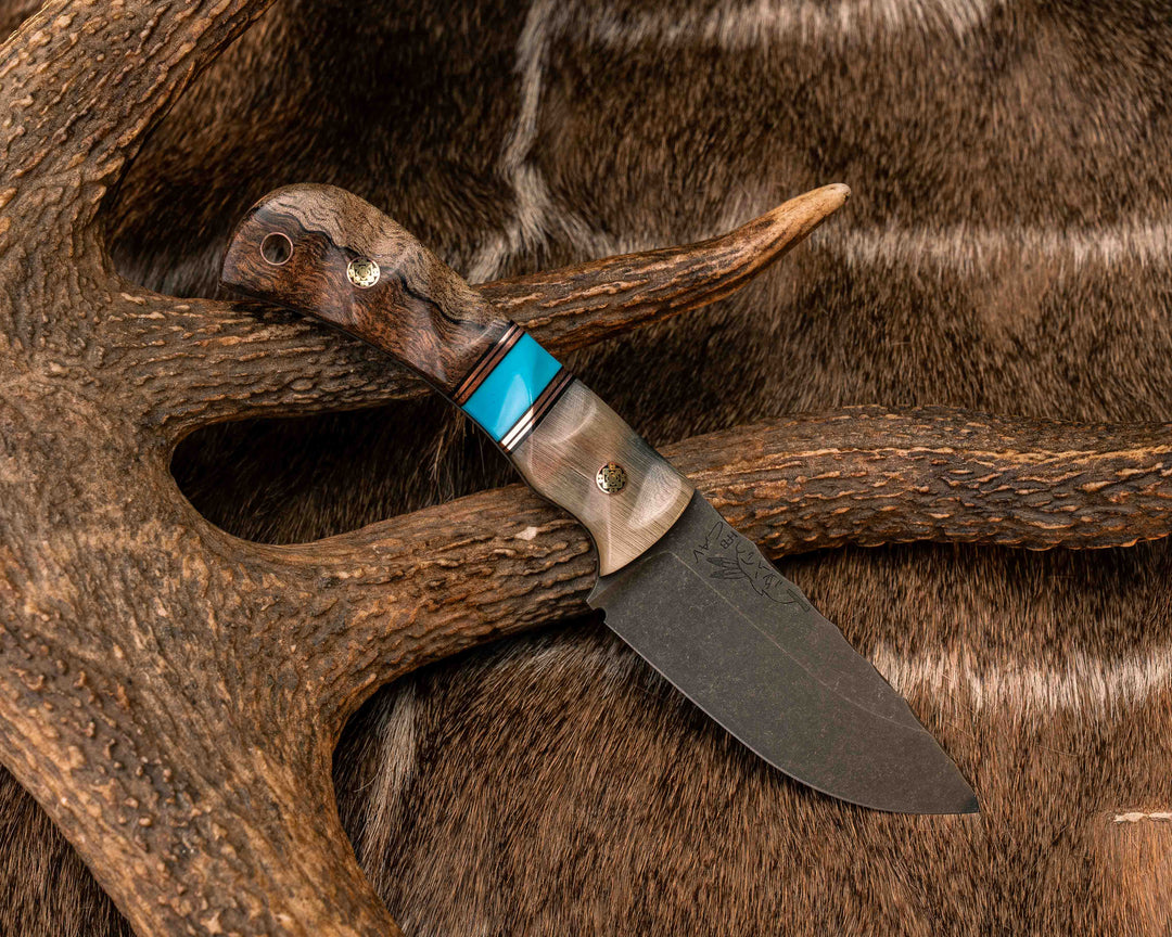 Cav Jr- Rams Horn, Black G10 and Copper Pin Striping, Turquoise Tru-stone Split, Hawaiian Curly Mango, Mosaic Pins, Copper Lanyard Pin, Textured Grip