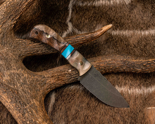 Cav Jr- Rams Horn, Black G10 and Copper Pin Striping, Turquoise Tru-stone Split, Hawaiian Curly Mango, Mosaic Pins, Copper Lanyard Pin, Textured Grip