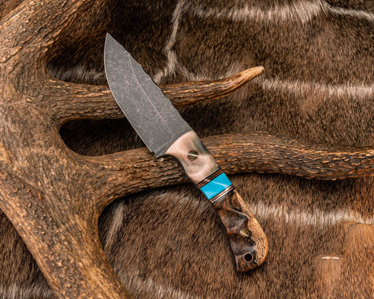Cav Jr- Rams Horn, Black G10 and Copper Pin Striping, Turquoise Tru-stone Split, Hawaiian Curly Mango, Mosaic Pins, Copper Lanyard Pin, Textured Grip