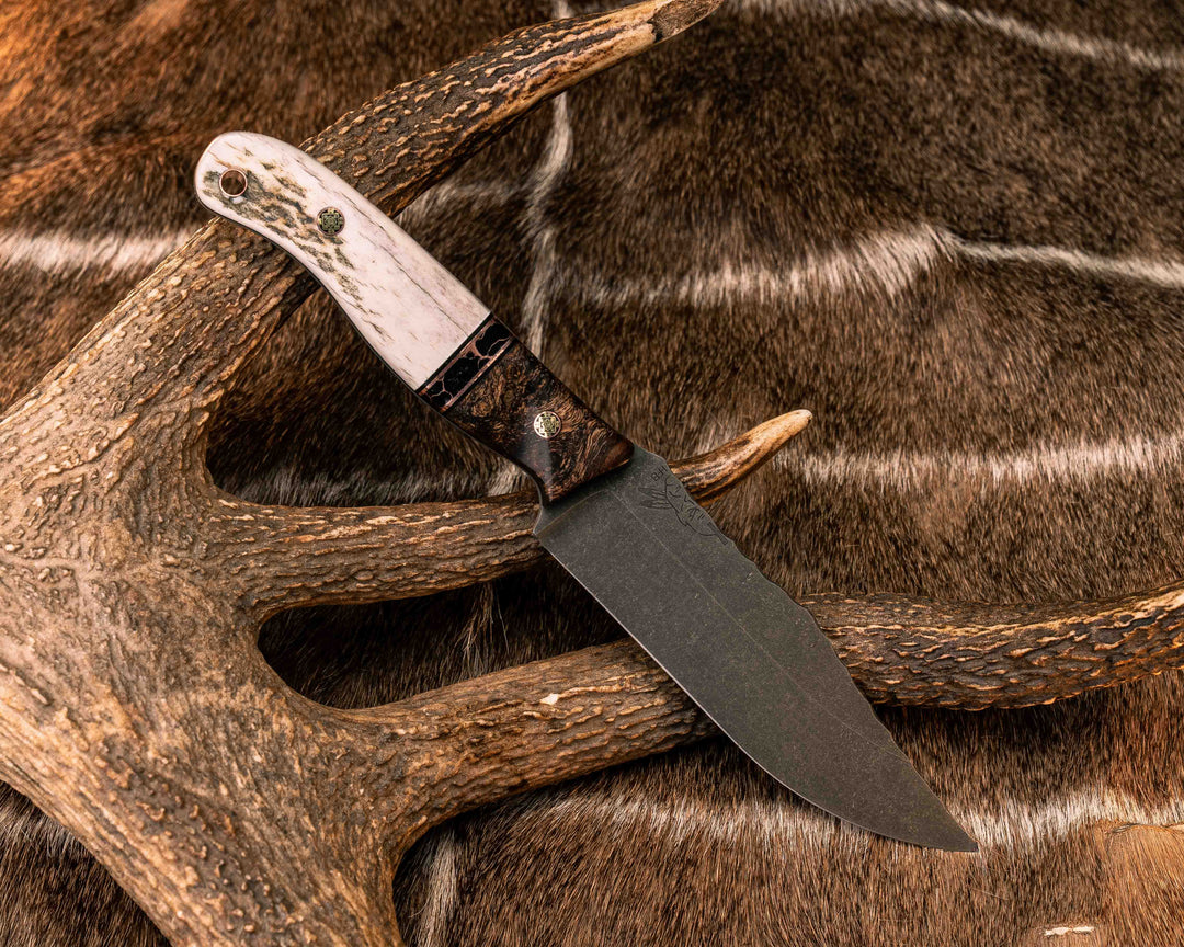 Crow Scout- Mesquite, Black G10 and Copper Pin Striping, Black with Copper Web Tru-stone Split, Elk Antler, Mosaic Pins, Copper Lanyard Pin, Textured Grip