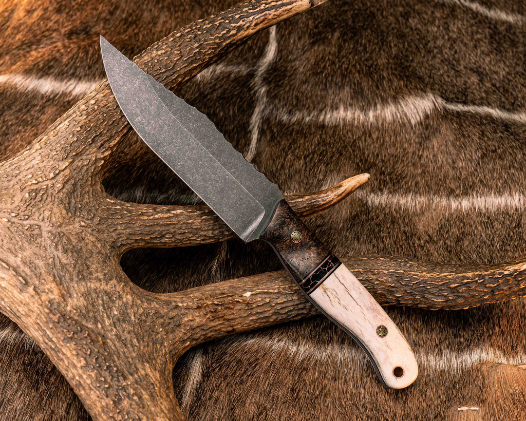 Crow Scout- Mesquite, Black G10 and Copper Pin Striping, Black with Copper Web Tru-stone Split, Elk Antler, Mosaic Pins, Copper Lanyard Pin, Textured Grip