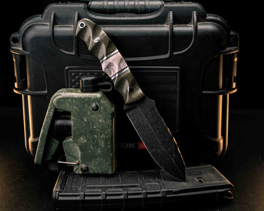 Disaster Jr- OD Green Canvas Micarta, Black G10, Coyote G10 and Aluminum Pin Striping, Elk Antler Split, Mosaic Pins, Aluminum Lanyard Pin, Textured Grip