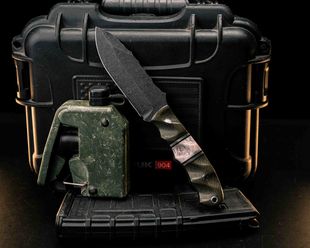 Disaster Jr- OD Green Canvas Micarta, Black G10, Coyote G10 and Aluminum Pin Striping, Elk Antler Split, Mosaic Pins, Aluminum Lanyard Pin, Textured Grip