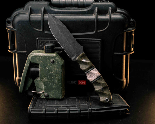 Disaster Jr- OD Green Canvas Micarta, Black G10, Coyote G10 and Aluminum Pin Striping, Elk Antler Split, Mosaic Pins, Aluminum Lanyard Pin, Textured Grip