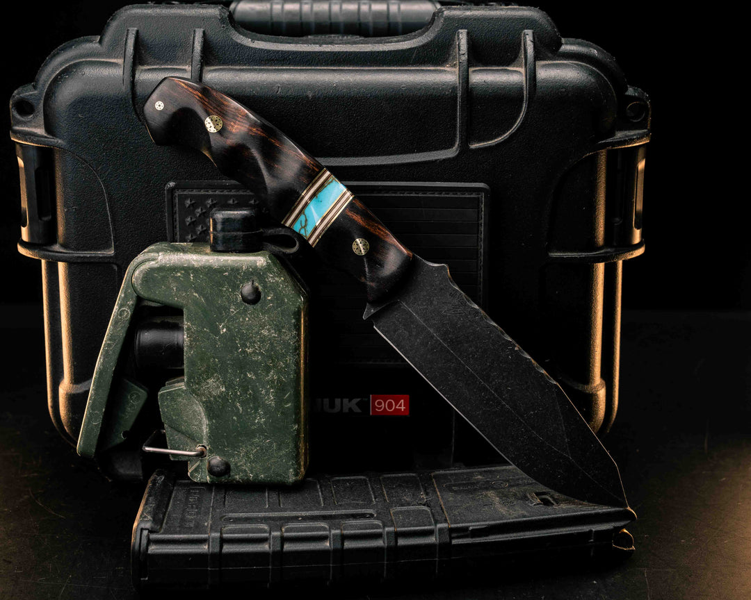 Disaster Breacher- Desert Ironwood, Brass, Ruby G10 and White G10 Pin Striping, Turquoise with Gold Web Tru-stone Split, Mosaic Pins, Textured Grip