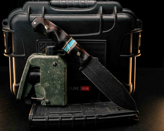 Disaster Breacher- Desert Ironwood, Brass, Ruby G10 and White G10 Pin Striping, Turquoise with Gold Web Tru-stone Split, Mosaic Pins, Textured Grip