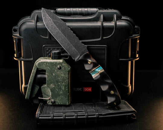 Disaster Breacher- Desert Ironwood, Brass, Ruby G10 and White G10 Pin Striping, Turquoise with Gold Web Tru-stone Split, Mosaic Pins, Textured Grip