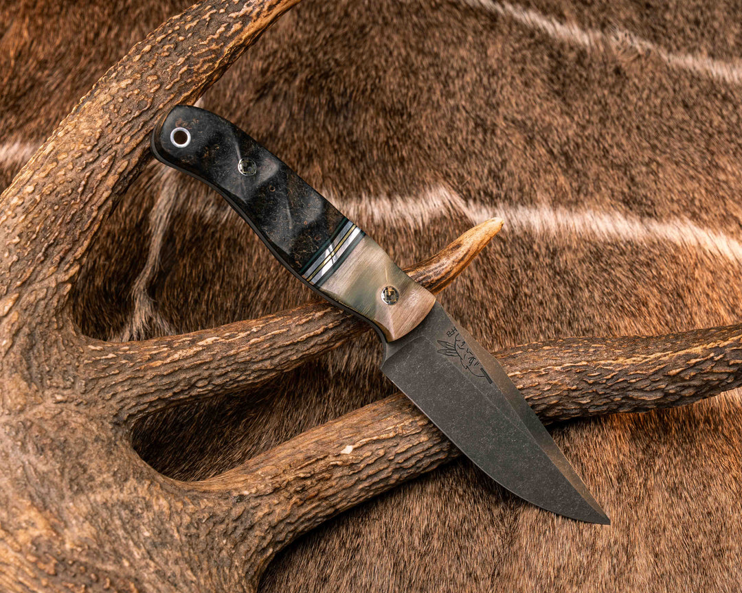 Crow Scalper- Ram's Horn, Black G10, Forest Green G10, Aluminum and Brass Split, Dyed Black Ash, Mosaic Pins, Aluminum Lanyard Pin, Textured Grip