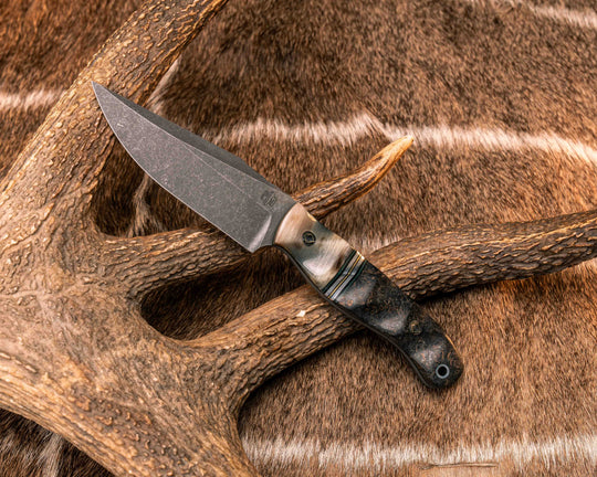Crow Scalper- Ram's Horn, Black G10, Forest Green G10, Aluminum and Brass Split, Dyed Black Ash, Mosaic Pins, Aluminum Lanyard Pin, Textured Grip