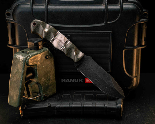 Disaster Jr- OD Green Canvas Micarta, Black G10, Copper and White G10 Pin Striping, Elk Antler Split, Mosaic Pins, Copper Lanyard Pin, Textured Grip