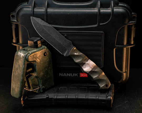 Disaster Jr- OD Green Canvas Micarta, Black G10, Copper and White G10 Pin Striping, Elk Antler Split, Mosaic Pins, Copper Lanyard Pin, Textured Grip