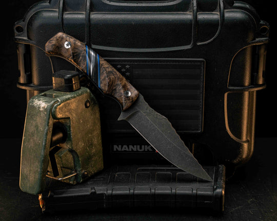 Tosahwi- Black Ash Burl, Black G10, Blue G10, Grey G10 and Aluminum Split, Mosaic Pins, Textured Grip