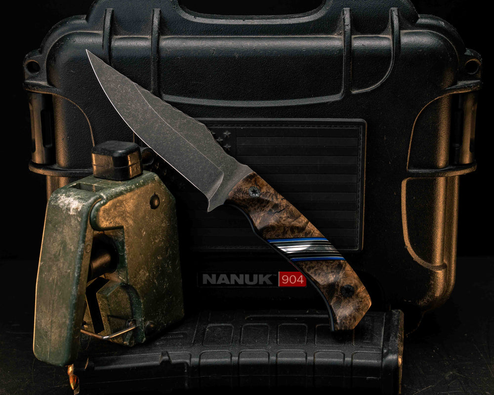 Tosahwi- Black Ash Burl, Black G10, Blue G10, Grey G10 and Aluminum Split, Mosaic Pins, Textured Grip