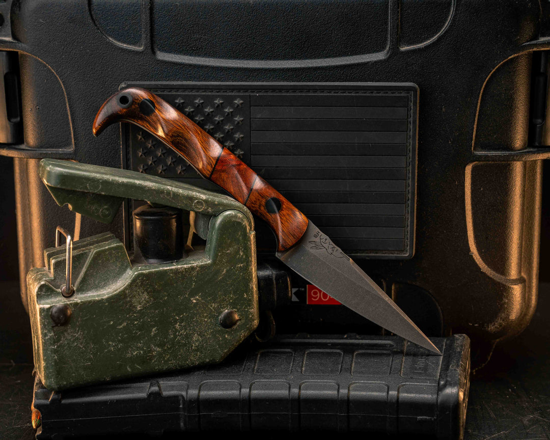 Slender Man- Desert Ironwood, Black B10 and Afzelia Split, CF Pins, CF Lanyard Pin, Textured Grip