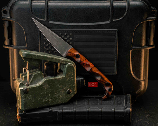 Slender Man- Desert Ironwood, Black B10 and Afzelia Split, CF Pins, CF Lanyard Pin, Textured Grip