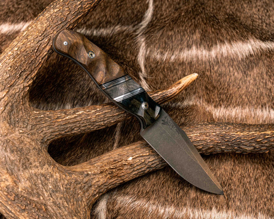 Crow Scalper- Dyed Giraffe Bone, Black G10 and Aluminum Pin Striping, Buckeye Burl Split, Teak, Mosaic Pins, Textured Grip