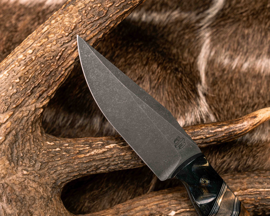 Crow Scalper- Dyed Giraffe Bone, Black G10 and Aluminum Pin Striping, Buckeye Burl Split, Teak, Mosaic Pins, Textured Grip