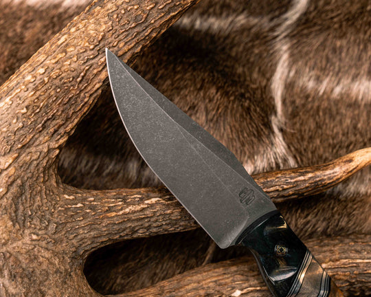 Crow Scalper- Dyed Giraffe Bone, Black G10 and Aluminum Pin Striping, Buckeye Burl Split, Teak, Mosaic Pins, Textured Grip