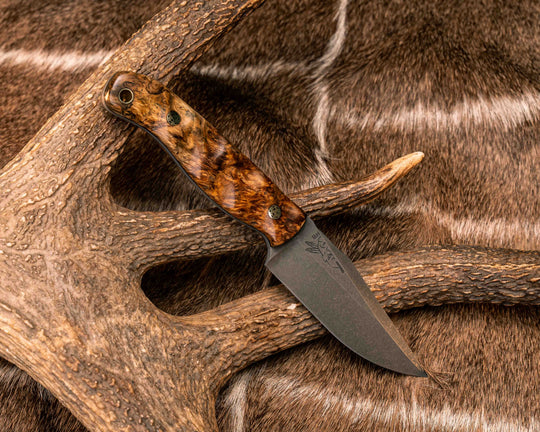 Crow Scalper- Amboyna Burl, Mosaic Pins, Brass Lanyard Pin, Textured Grip