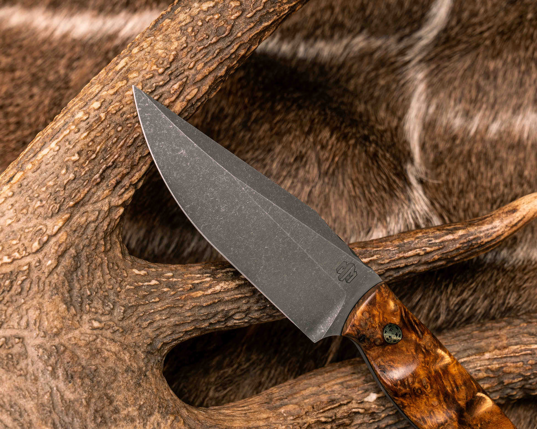 Crow Scalper- Amboyna Burl, Mosaic Pins, Brass Lanyard Pin, Textured Grip