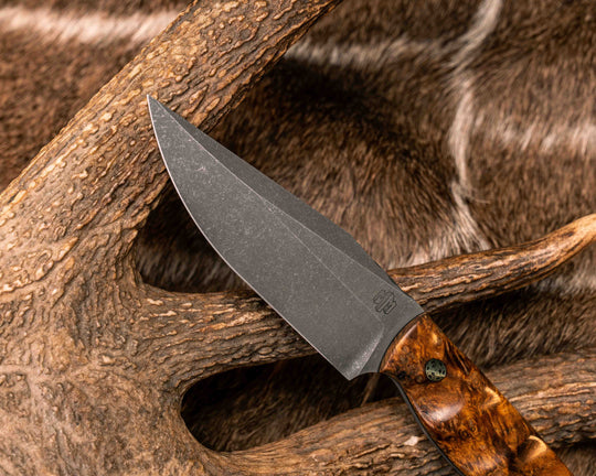 Crow Scalper- Amboyna Burl, Mosaic Pins, Brass Lanyard Pin, Textured Grip
