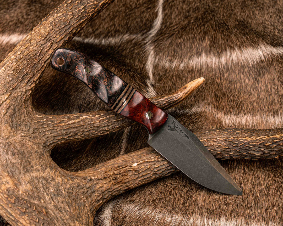 Crow Scalper- Afzelia Wood, Black G10, Coyote G10 and Copper Split, Copper Dark Matter Carbon, Mosaic Pins, Copper Lanyard Pin, Textured Grip