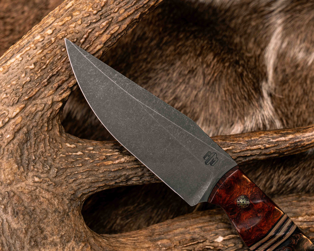 Crow Scalper- Afzelia Wood, Black G10, Coyote G10 and Copper Split, Copper Dark Matter Carbon, Mosaic Pins, Copper Lanyard Pin, Textured Grip