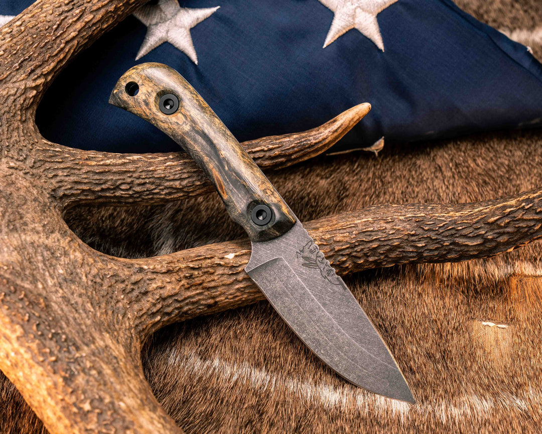Cav Jr Back Country Semiquincentennial- Buckeye Burl, American Flag Inlay, Brown Burlap Micarta and Black G10 Liner Liner, Allen Bolts, Smooth Grip