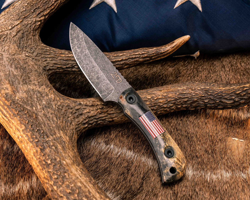 Cav Jr Back Country Semiquincentennial- Buckeye Burl, American Flag Inlay, Brown Burlap Micarta and Black G10 Liner Liner, Allen Bolts, Smooth Grip