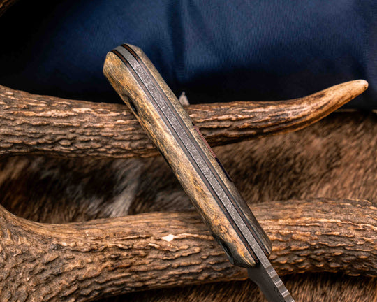Cav Jr Back Country Semiquincentennial- Buckeye Burl, American Flag Inlay, Brown Burlap Micarta and Black G10 Liner Liner, Allen Bolts, Smooth Grip