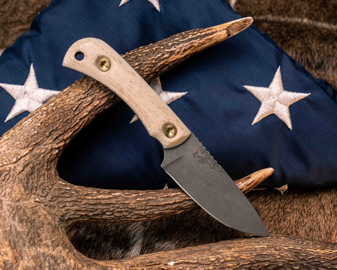 Cav Jr Back Country Semiquincentennial- Elk Antler, American Flag Inlay, Red, White and Blue G10 and Brass Liner, Brass Bolts, Smooth Grip