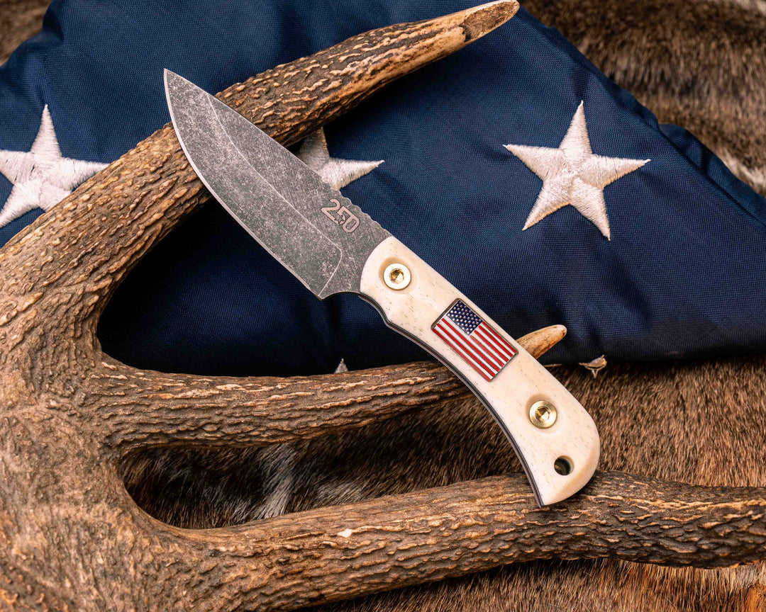 Cav Jr Back Country Semiquincentennial- Elk Antler, American Flag Inlay, Red, White and Blue G10 and Brass Liner, Brass Bolts, Smooth Grip