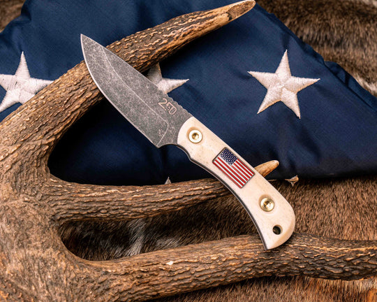 Cav Jr Back Country Semiquincentennial- Elk Antler, American Flag Inlay, Red, White and Blue G10 and Brass Liner, Brass Bolts, Smooth Grip