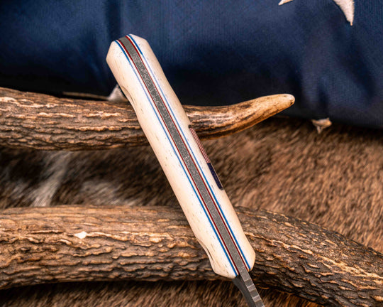 Cav Jr Back Country Semiquincentennial- Elk Antler, American Flag Inlay, Red, White and Blue G10 and Brass Liner, Brass Bolts, Smooth Grip