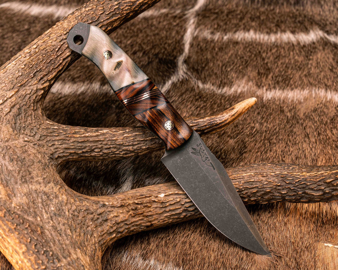 Crow Scalper- Desert Ironwood, Black G10 and Copper Pin Striping, Desert Ironwood Split, Ram's Horn, Mosaic Pins, Textured Grip