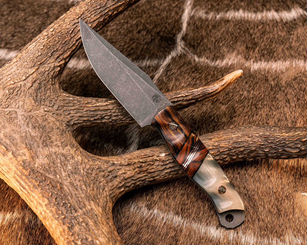 Crow Scalper- Desert Ironwood, Black G10 and Copper Pin Striping, Desert Ironwood Split, Ram's Horn, Mosaic Pins, Textured Grip