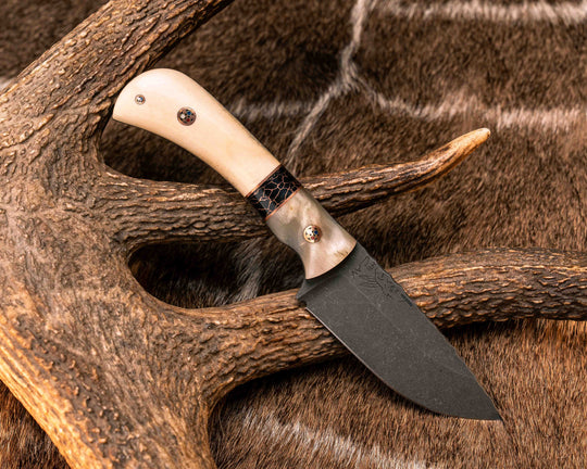 Cav Jr- Rams Horn, Copper Pin Striping, Black with Copper Web Tru-stone Split, Giraffe Bone, Copper Patriot Mosaic Pins, Textured Grip