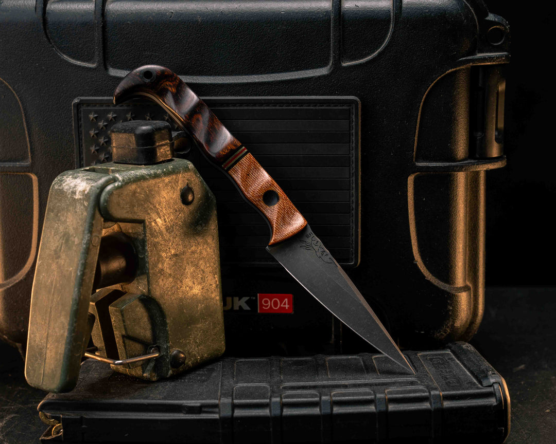 Slender Man- Vintage Butterscotch Micarta, Black G10, Brass and Cherry G10 Split, Desert Ironwood, CF Pin, CF Lanyard Pin, Textured Grip