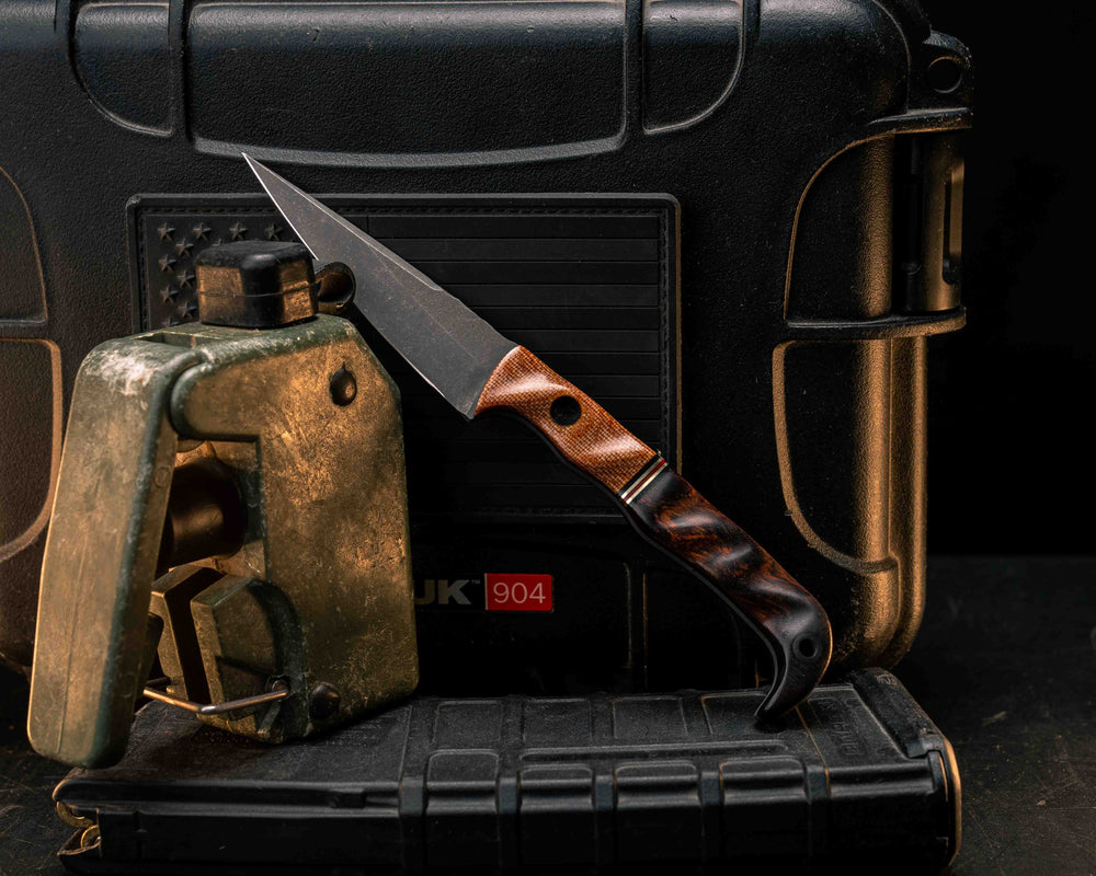 Slender Man- Vintage Butterscotch Micarta, Black G10, Brass and Cherry G10 Split, Desert Ironwood, CF Pin, CF Lanyard Pin, Textured Grip