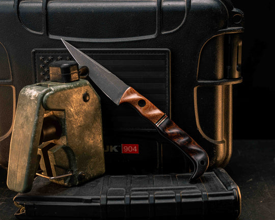 Slender Man- Vintage Butterscotch Micarta, Black G10, Brass and Cherry G10 Split, Desert Ironwood, CF Pin, CF Lanyard Pin, Textured Grip