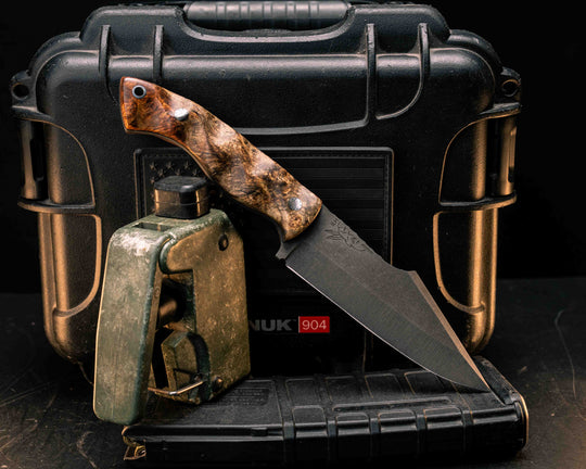 Widow Maker - Amboyna Burl, Mosaic Pins, Aluminum Lanyard Pin, Textured Grip