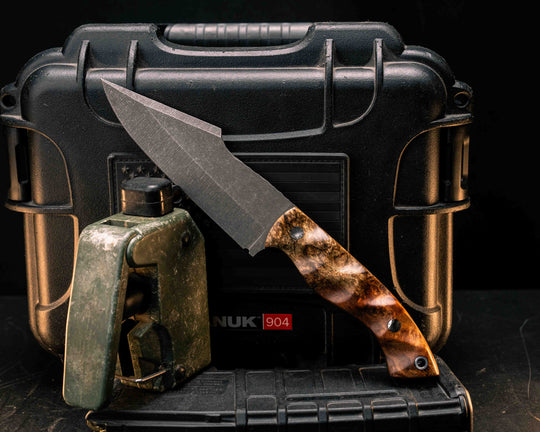 Widow Maker - Amboyna Burl, Mosaic Pins, Aluminum Lanyard Pin, Textured Grip