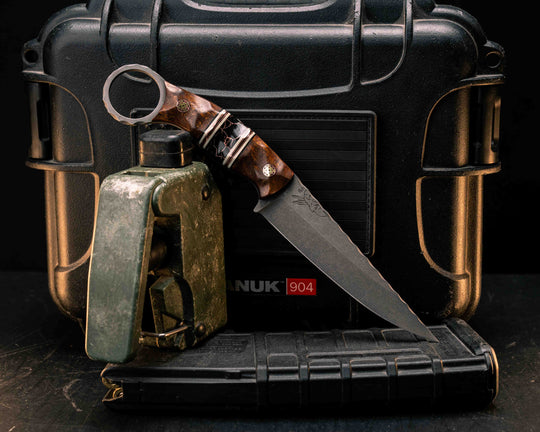 Osoraku 4"- Desert Ironwood, Black G10, White G10 and Copper Pin Striping, Black with Copper Web Tru-stone Split, Mosaic Pins, Textured Grip