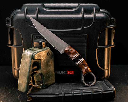 Osoraku 4"- Desert Ironwood, Black G10, White G10 and Copper Pin Striping, Black with Copper Web Tru-stone Split, Mosaic Pins, Textured Grip