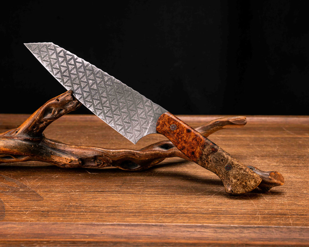 Santoku - Lion's Blood Amboyna, Mosaic Pins, Smooth Grip