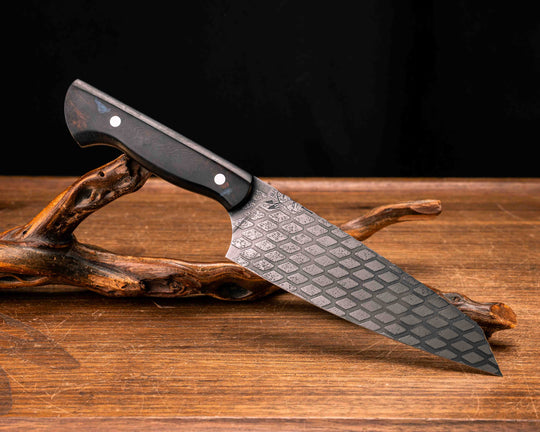 Santoku - Desert Ironwood and Blue Pearl Resin, Mosaic Pins, Smooth Grip