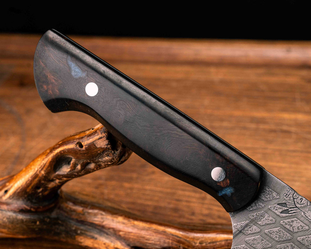 Santoku - Desert Ironwood and Blue Pearl Resin, Mosaic Pins, Smooth Grip